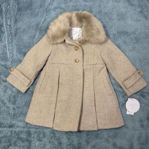 EdgeHill Collection Tweed Fur Pea Coat - Size 24 Months - Ivory - NWT